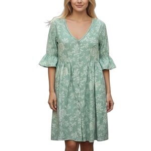 April Cornell Cottagecore Cotton Floral V Neck 3/4 Sleeve Dress Small Mint Green